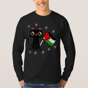 T-shirt joli chat noir tenant le drapeau de la Palestine