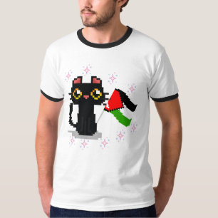 T-shirt joli chat noir tenant le drapeau de la Palestine