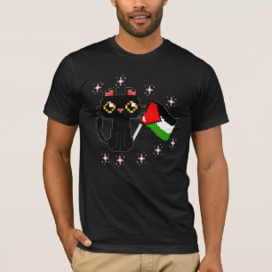 T-shirt joli chat noir tenant le drapeau de la Palestine