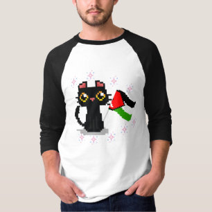 T-shirt joli chat noir tenant le drapeau de la Palestine