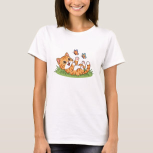 T-shirt Joli chat orange joueur avec des papillons