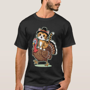 T-shirt Joli chat pèlerin chevauchant la dinde Femmes Homm