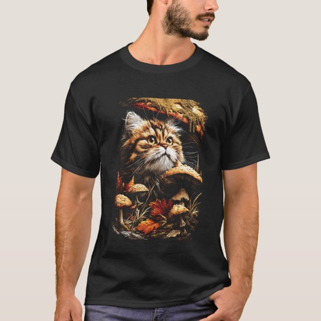 T-shirt Joli chat persan avec champignons de feuilles d'au (Devant)