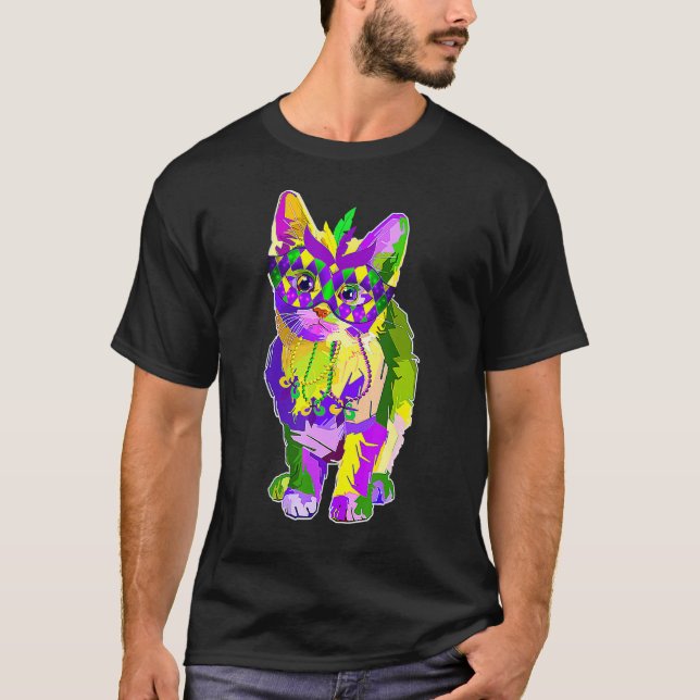 T-shirt Joli Chat Portant un Masque de Carnaval Mardi Gras (Devant)