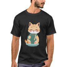 Joli chat roux câlinant une tasse de café sarcelle