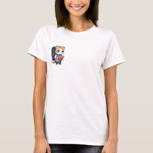 T-shirt Joli Chat Tigré Écolier avec Cartable Bleu en Trai