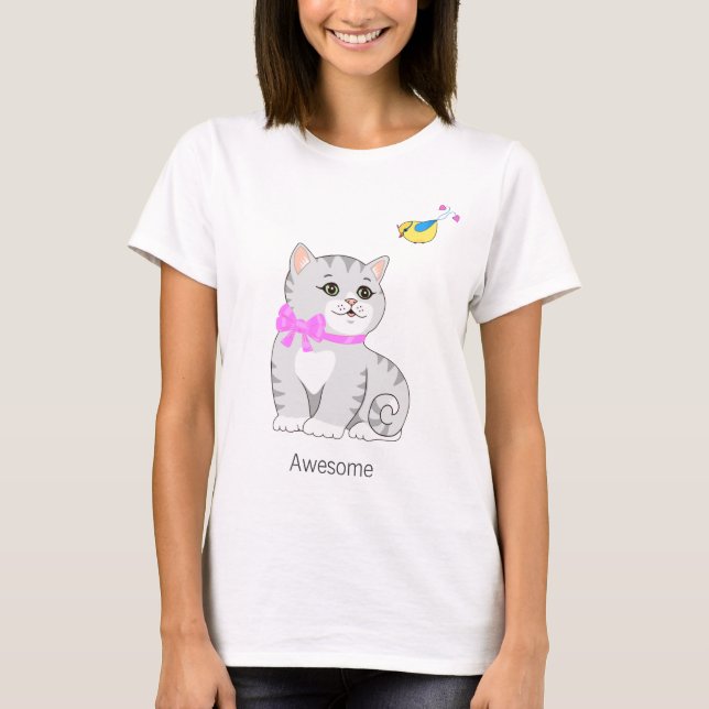 T-shirt Joli chat tigré et petit oiseau (Devant)