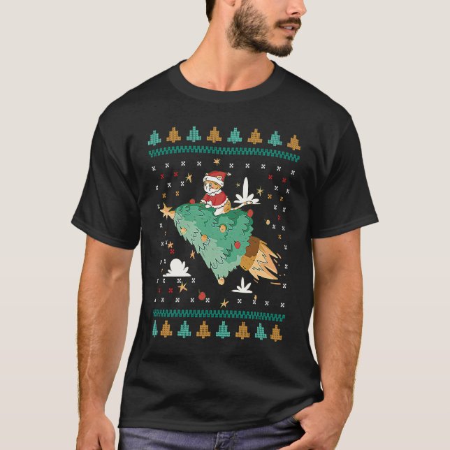 T-shirt Joli chat vole avec un arbre de Noël (Devant)