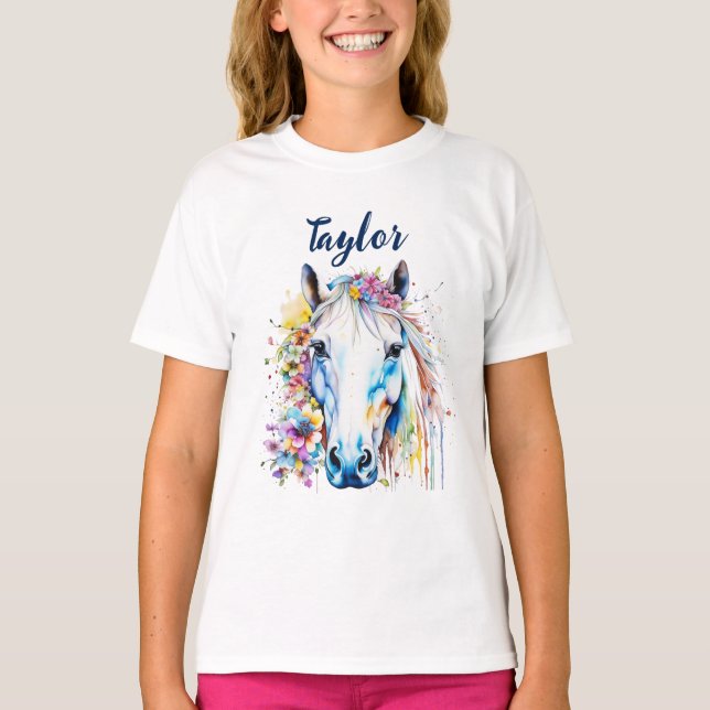 T-shirt Joli Cheval Blanc Floral Personnalisé (Devant)