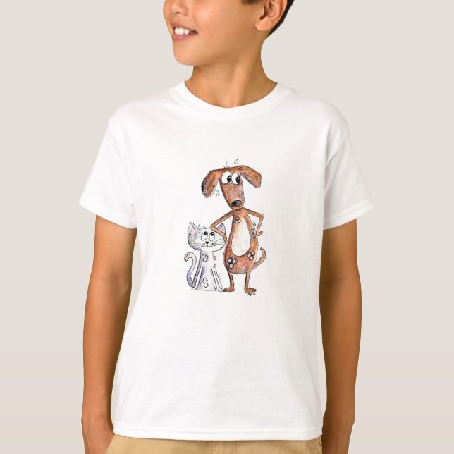 T-shirt Joli chien brun fantaisiste et chat gris (Devant)