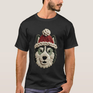 T-shirt Joli chien Husky de Noël avec chapeau de Père Noël