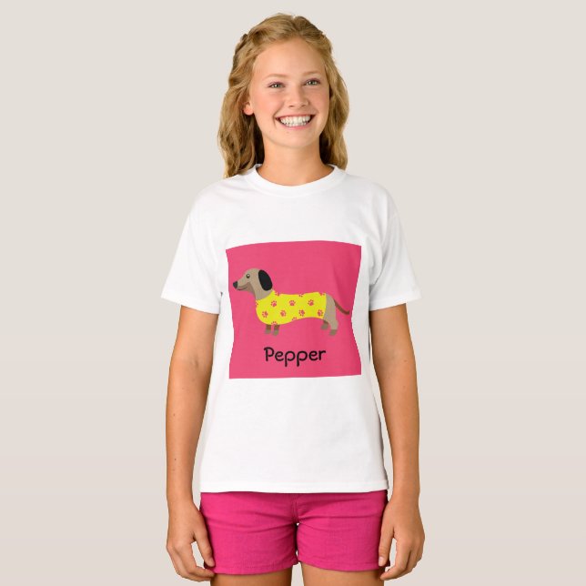 T-shirt Joli chien jaune et rose Dachshund Funny (Devant entier)