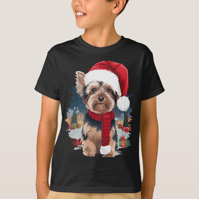 T-shirt Joli Chien Yorkie Noël Père Noël Chapeau Écharpe H (Devant)