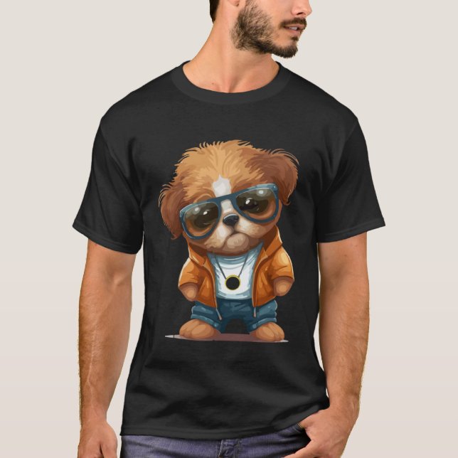 T-shirt Joli Chiot Avec Lunettes De Soleil 4 (Devant)