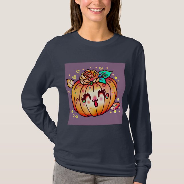 T-shirt Joli Citrouille Halloween Graphic long feutre (Devant)