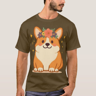 T-shirt Joli Corgi avec Couronne de Fleurs