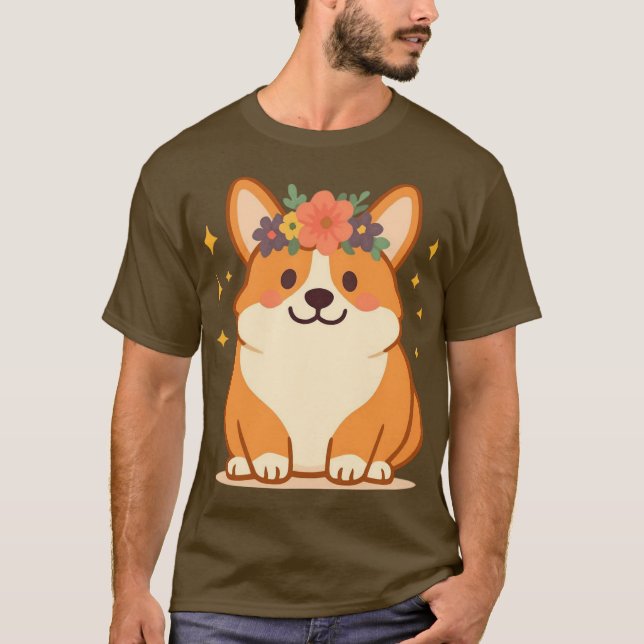 T-shirt Joli Corgi avec Couronne de Fleurs  (Devant)