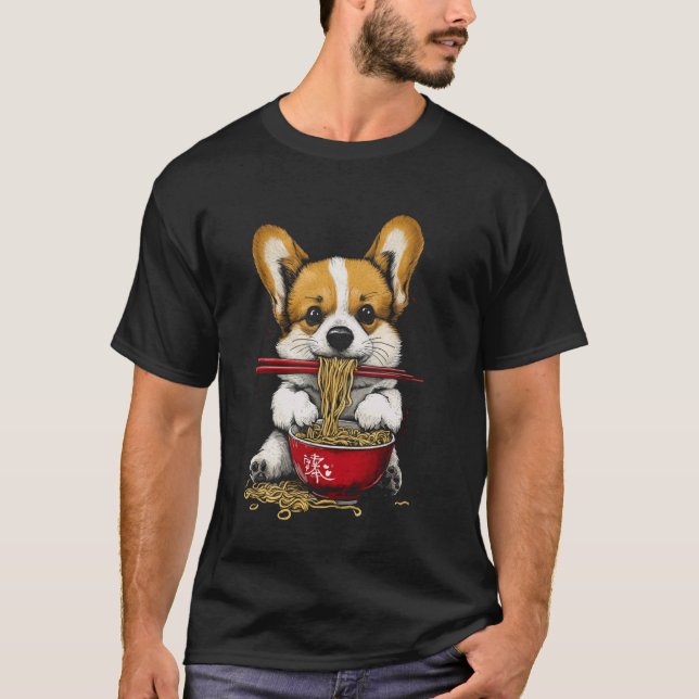 T-shirt Joli Corgi mangeant des nouilles Ramen (Devant)