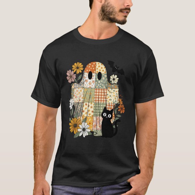 T-shirt Joli costume d'Halloween patchwork fantôme de chat (Devant)