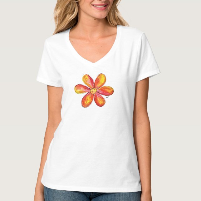 T-shirt Joli Doodle de Fleur Orange Whimsical (Devant)