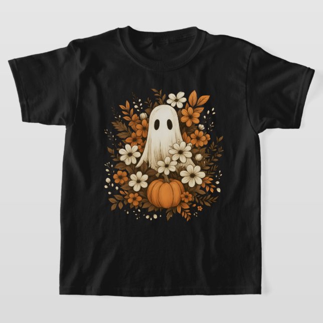 T-shirt Joli Fantôme avec Citrouille et Fleurs d'Automne – (Poser)