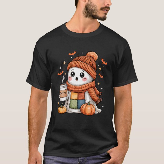 T-shirt Joli Fantôme Buvant du Café Patchwork de Halloween (Devant)