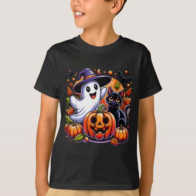 T-shirt Joli Fantôme Chat Noir Citrouille de Jackolantern  (Devant)