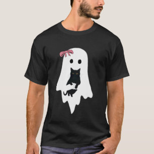 T-shirt Joli Fantôme Chat Noir Nœud Rose Drôle Vintage Eff