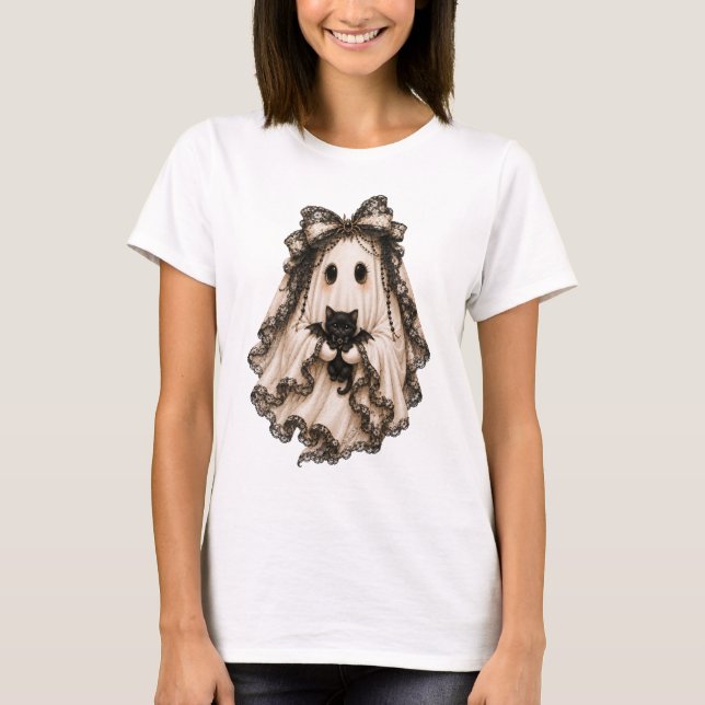 T-shirt Joli Fantôme Coquette Avec Chat Halloween (Devant)