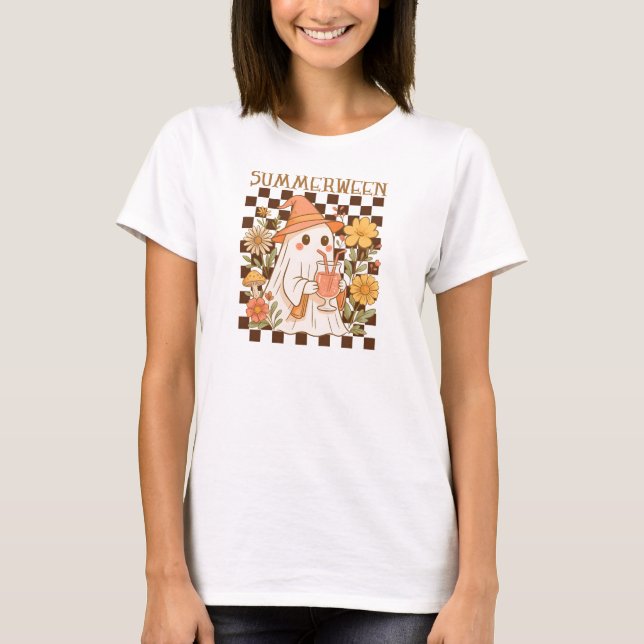 T-shirt Joli fantôme de Summerween avec boisson, design Ha (Devant)