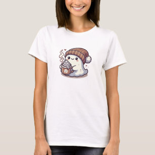 T-shirt Joli fantôme d'Halloween en bonnet d'automne et ch