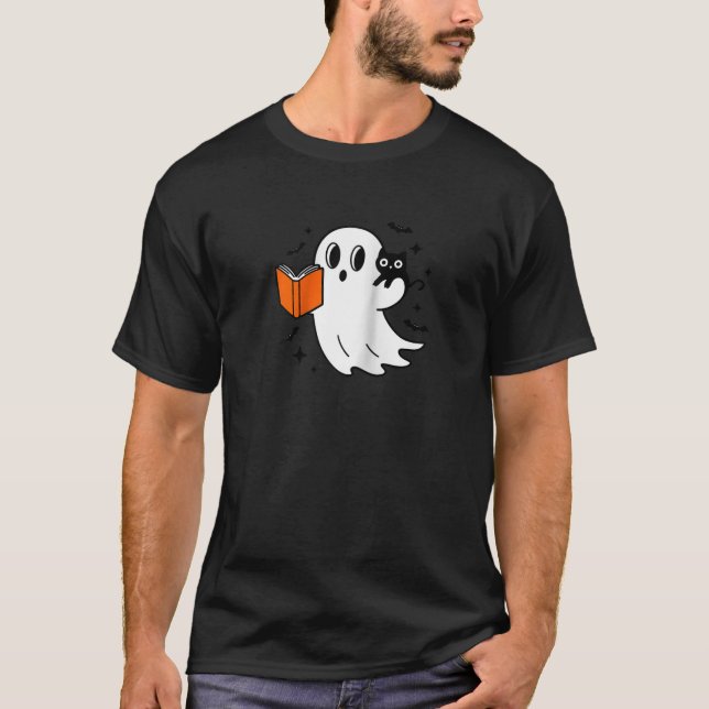 T-shirt Joli fantôme d'Halloween Lire un livre avec chat n (Devant)