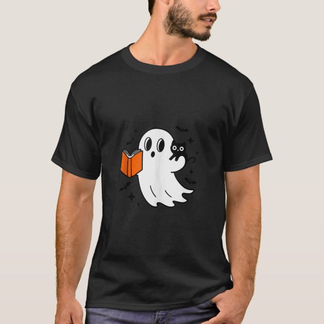 T-shirt Joli fantôme d'Halloween Lire un livre avec chat n (Devant)