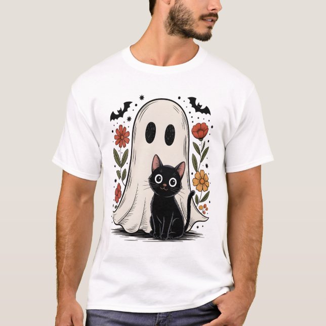 T-shirt Joli fantôme et chat d'Halloween (Devant)