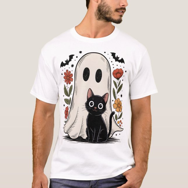 T-shirt Joli fantôme et chat d'Halloween (Devant)