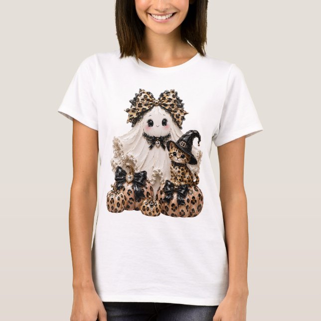 T-shirt Joli Fantôme et Chat Noir Halloween Léopard Citrou (Devant)