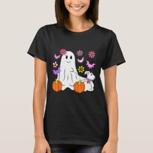 T-shirt Joli fantôme promenant un chien floral citrouille 