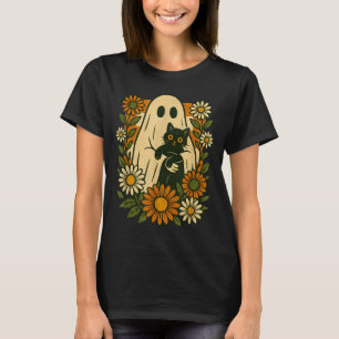 T-shirt Joli fantôme tenant un chat noir floral groovy drô