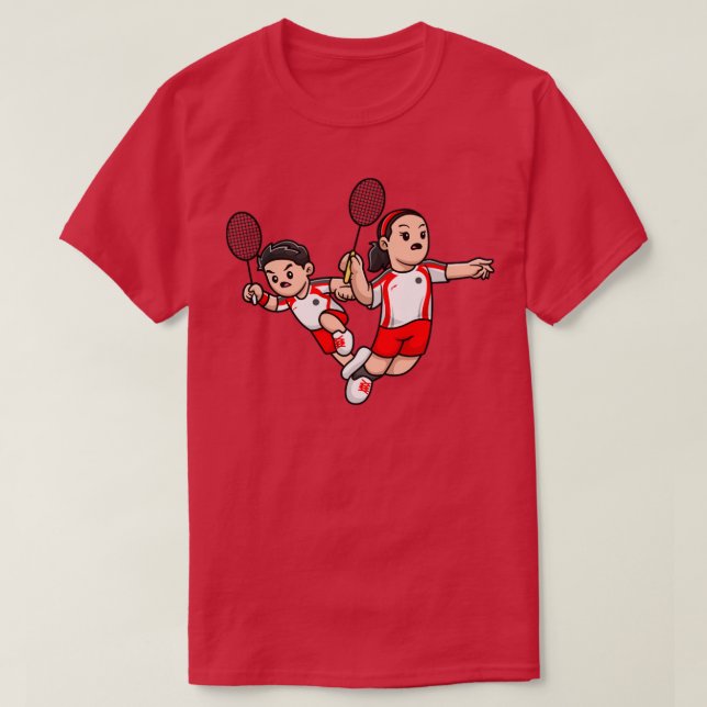 T-shirt Joli Garçon Et Fille Jouant Caricature Badminton (Design devant)