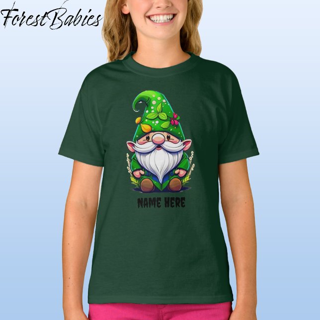 T-shirt Joli Jardin Fleur Whimsical Gnome Cartoon Graphiqu (Gnome, Green Customizable ForestBabies T-shirt - Front)