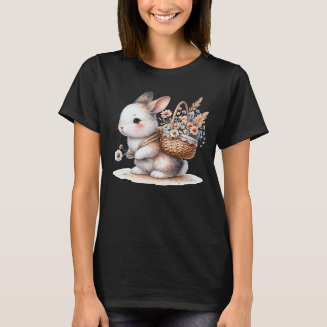 T-shirt Joli lapin aux fleurs Aquarelle Art (Devant)