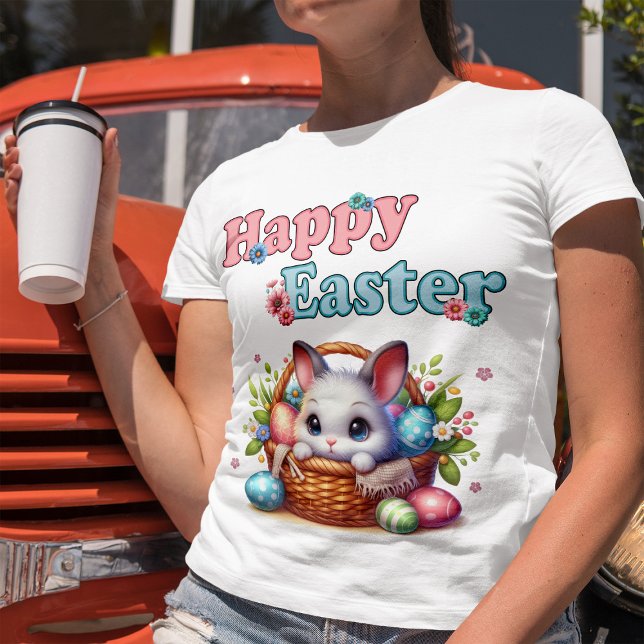 T-shirt Joli lapin de Pâques en panier avec oeufs et fleur (Cute Easter Bunny in Basket with Eggs and Flowers. Women Basic White T-Shirt)