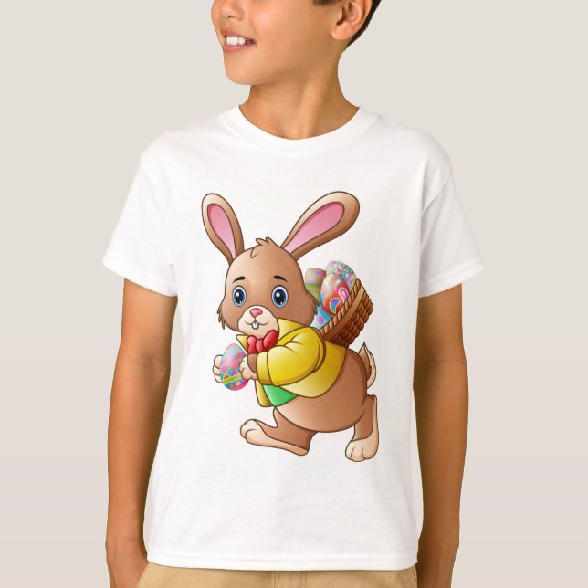 T-shirt Joli lapin de Pâques portant panier d'oeufs fêtes (Devant)