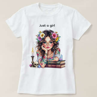 T-shirt Joli livre de fleurs bougie fille avec lunettes