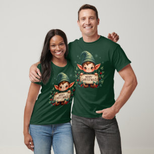 T-shirt Joli Lutin de Noël Tenant un Panneau Joyeux