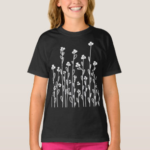 T-shirt Joli noir blanc doodé fleurs sauvages floraux