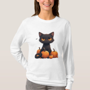 T-shirt Joli Petit Chat Noir Avec Citrouille 
