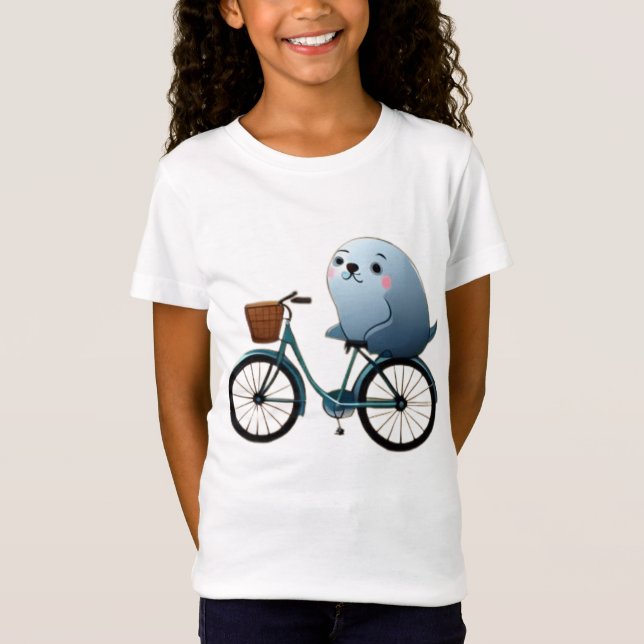 T-Shirt Joli petit sceau de dessin animé sur un vélo (Devant)