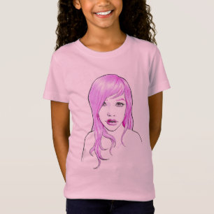 T-Shirt Joli portrait de dessin de fille Cheveux roses Jol