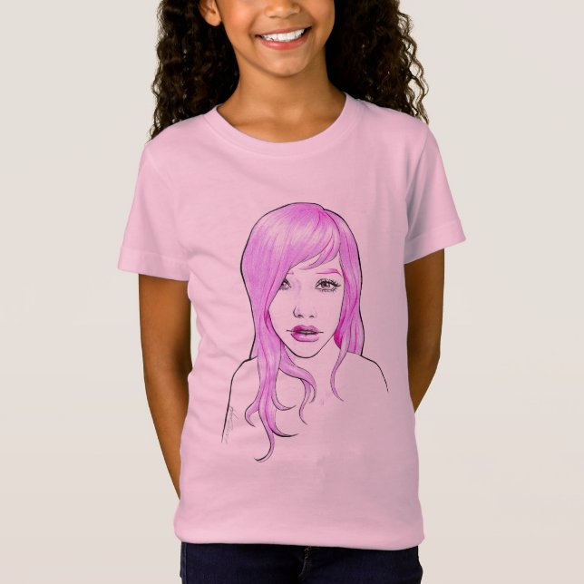 T-Shirt Joli portrait de dessin de fille Cheveux roses Jol (Devant)
